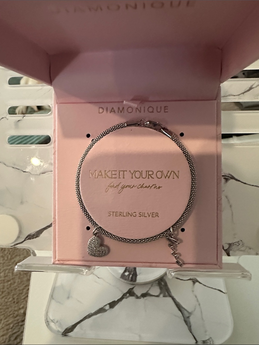 Diamonique Sterling Silver Mesh Bracelet with Pavé Heart Charm - Silver
